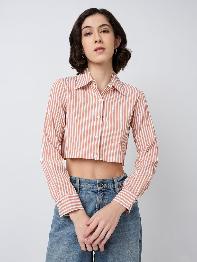 Women Striped Cropped Shirt in 5 Candy Colors | Size: XS to XL