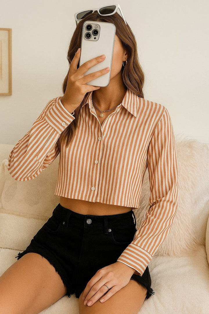 Women Striped Cropped Shirt in 5 Candy Colors | Size: XS to XL