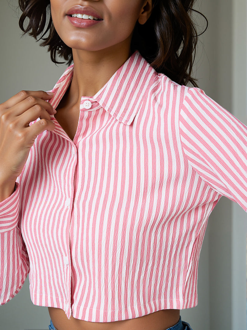 Women Striped Cropped Shirt in 5 Candy Colors | Size: XS to XL