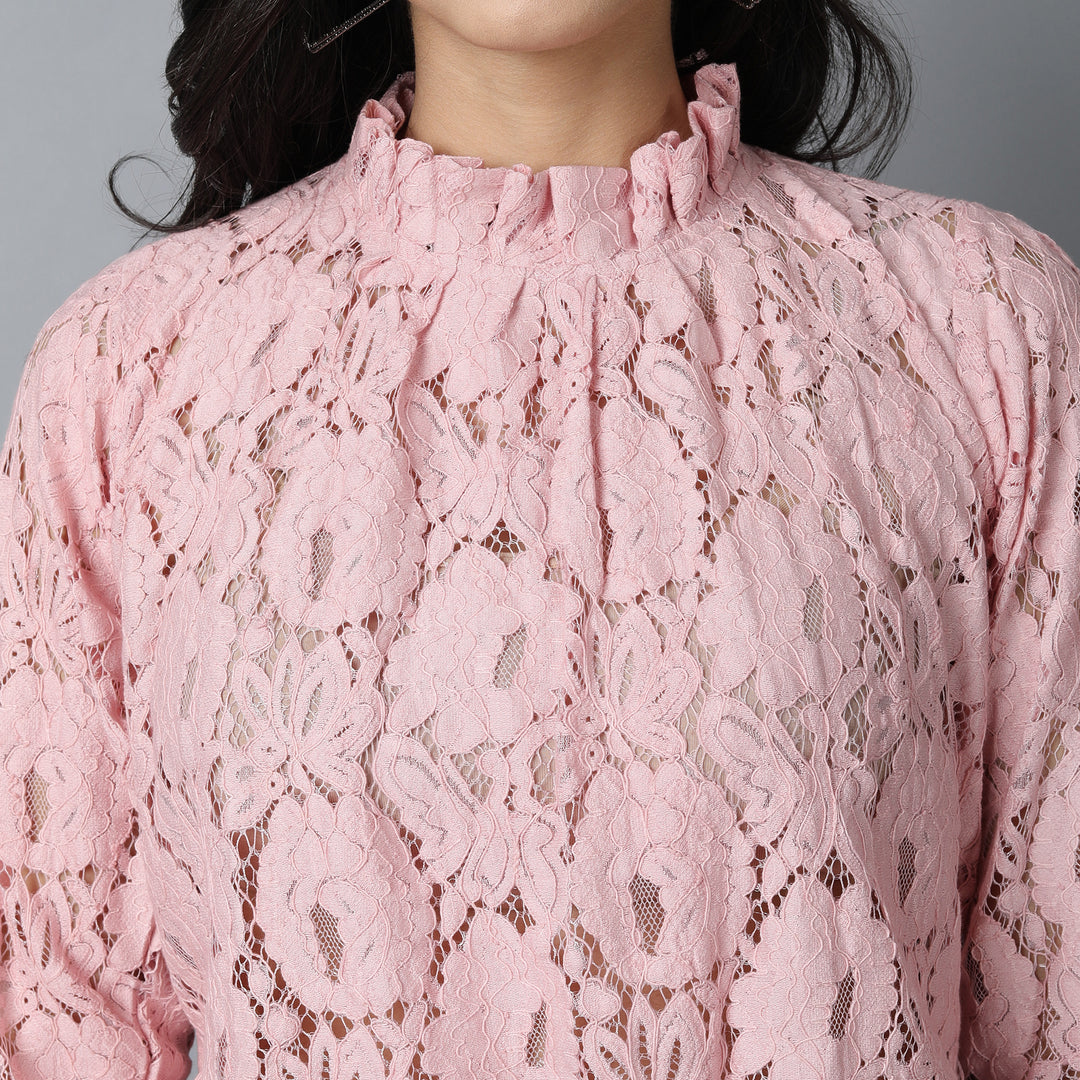 Vintage Style Blush Pink High Neck Lace Top