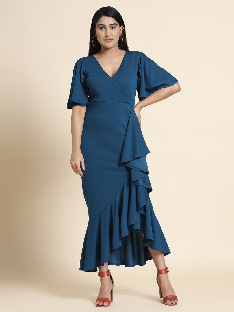 Women Airforce Blue Bodycon Wrap Dress