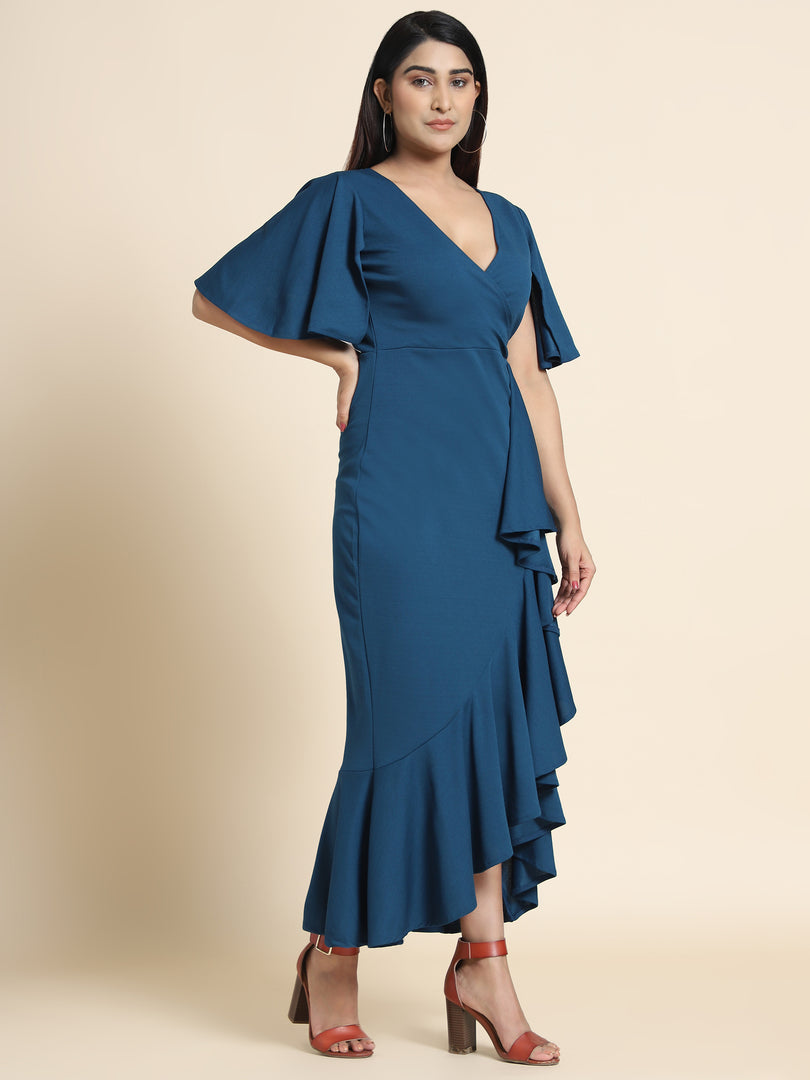 Women Airforce Blue Bodycon Wrap Dress