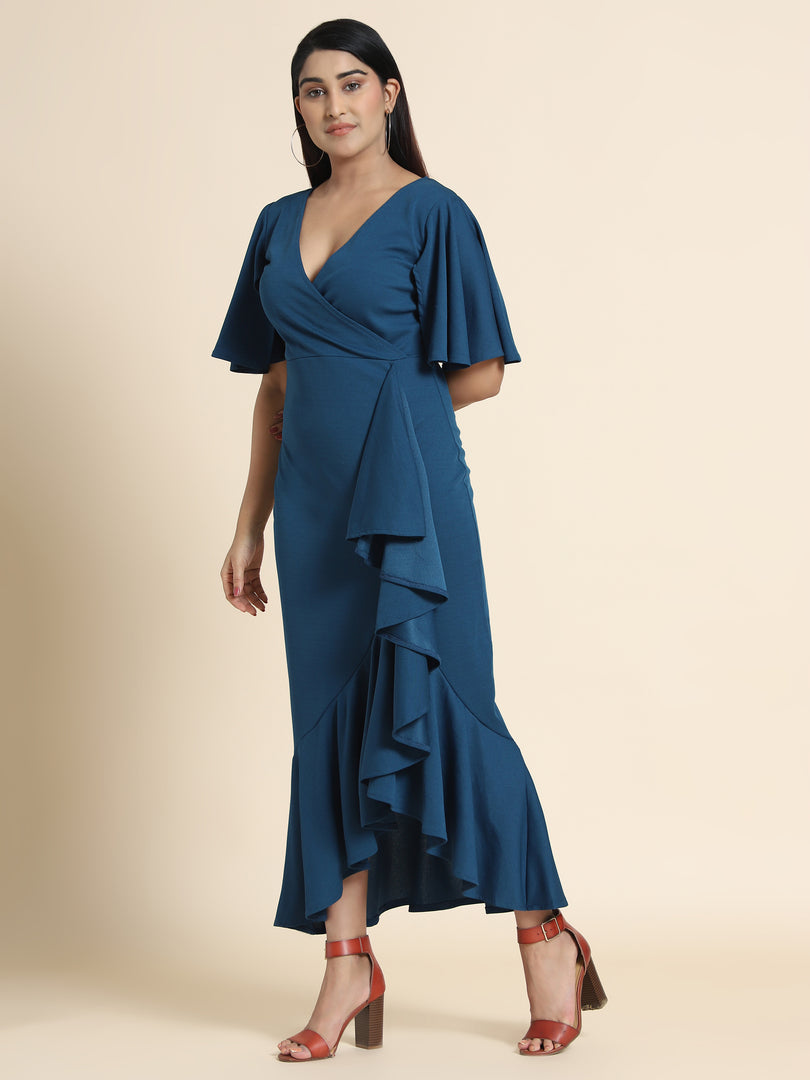 Women Airforce Blue Bodycon Wrap Dress