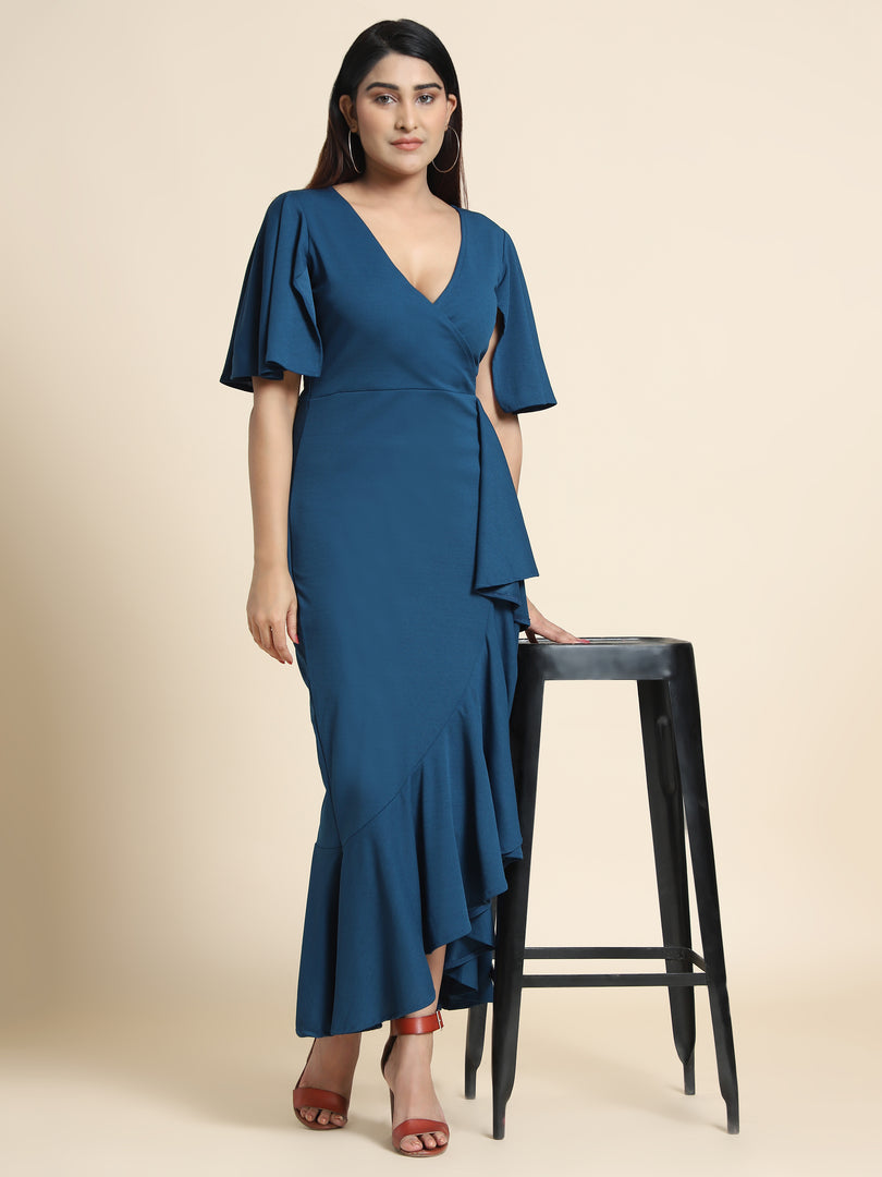 Women Airforce Blue Bodycon Wrap Dress