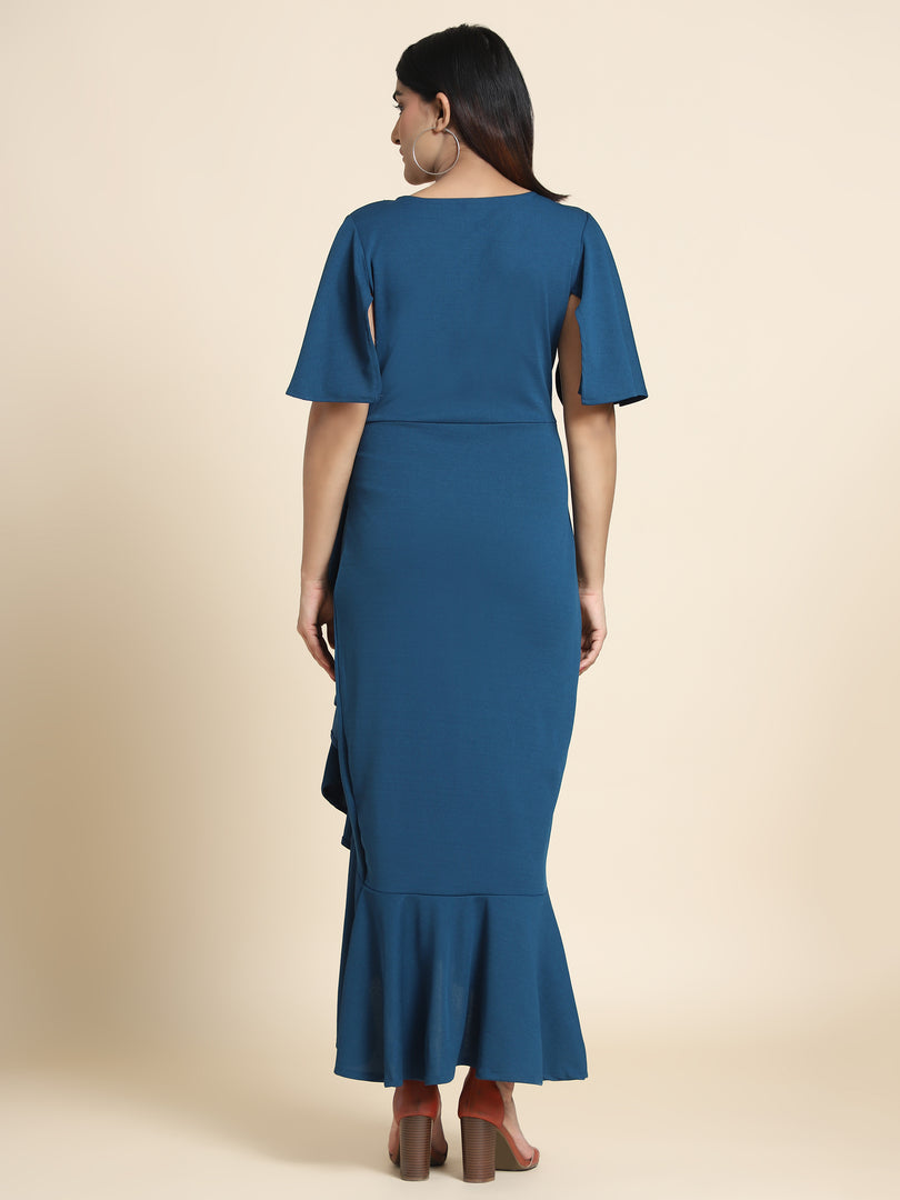 Women Airforce Blue Bodycon Wrap Dress