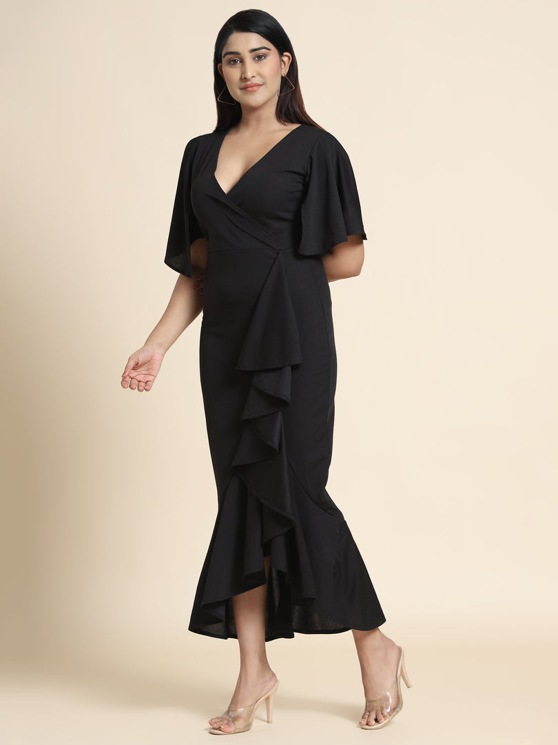 Women Black Bodycon Wrap Dress