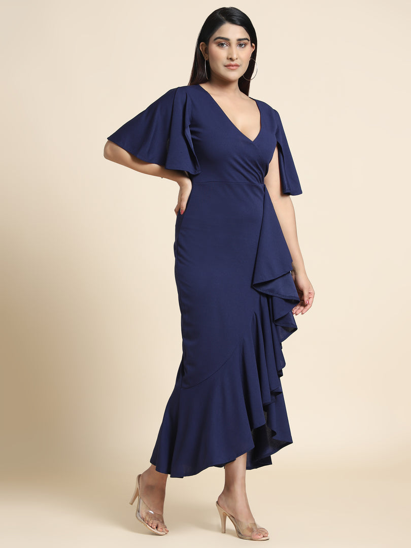 Women Blue Bodycon Wrap Dress