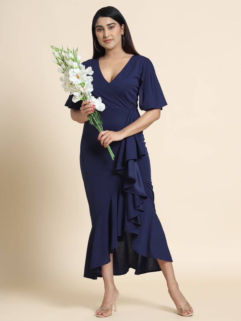 Women Blue Bodycon Wrap Dress