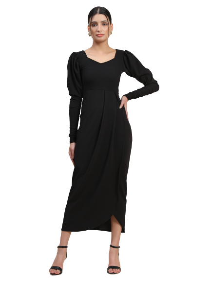 Black Solid A-Line Long Dress
