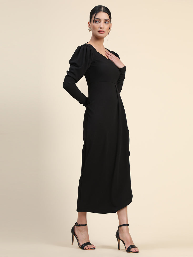 Black Solid A-Line Long Dress