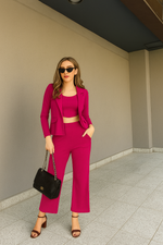 Load image into Gallery viewer, Boss Babe Co-ord Set in Dusty Mauve – Blazer + Crop Top + Trousers | Workwear Ready
