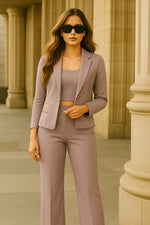 Load image into Gallery viewer, Boss Babe Co-ord Set in Dusty Mauve – Blazer + Crop Top + Trousers | Workwear Ready
