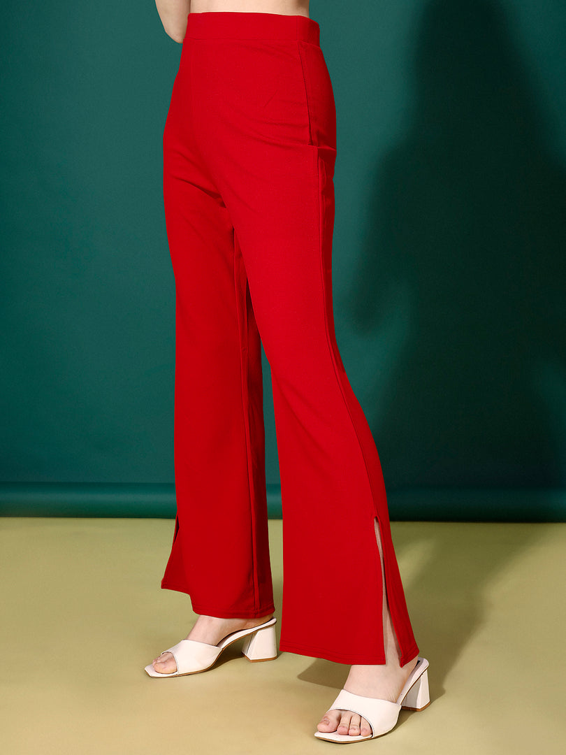 Women Lovely Red Solid Top with Trouser Co ords