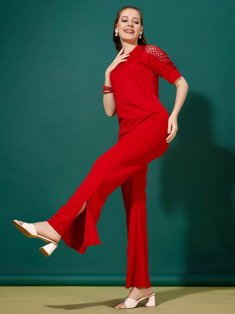 Women Lovely Red Solid Top with Trouser Co ords