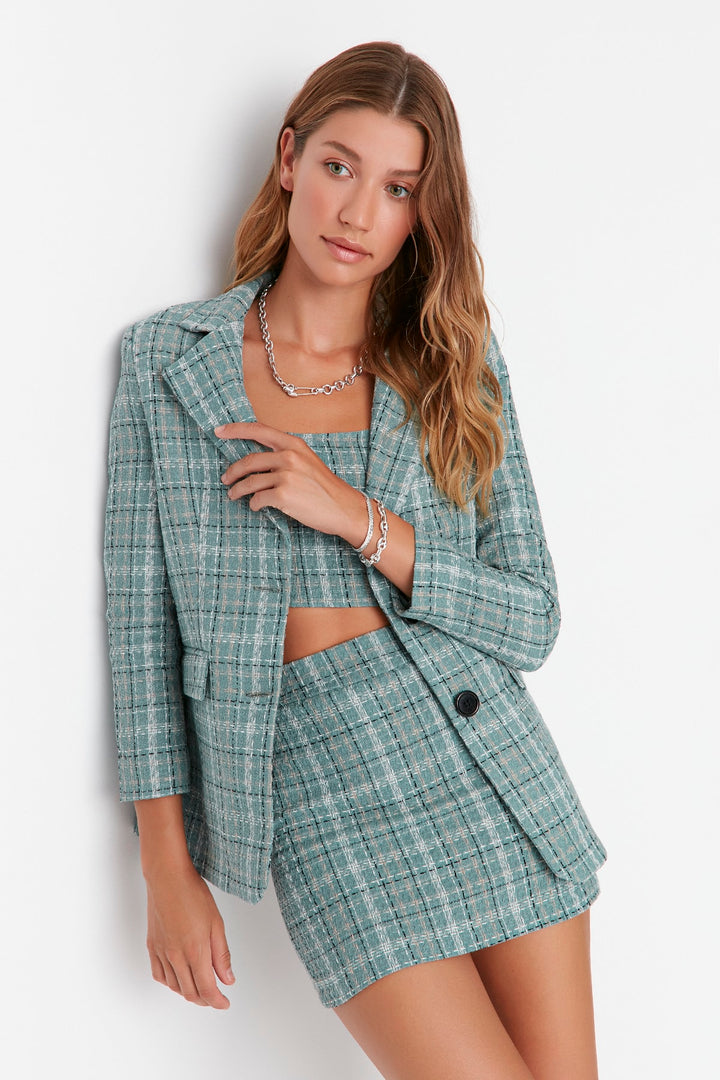 Checkered Blazer And Skirt Co-ord Mint Green