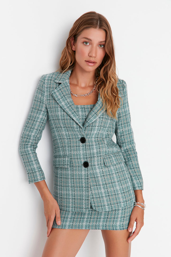 Checkered Blazer And Skirt Co-ord Mint Green