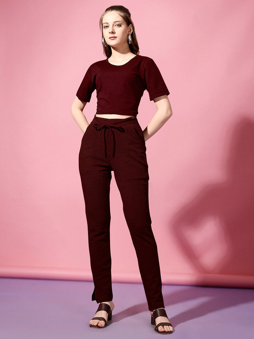 Women Casual Marron Top & Trouser Co ord Set