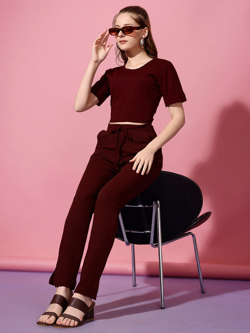 Women Casual Marron Top & Trouser Co ord Set