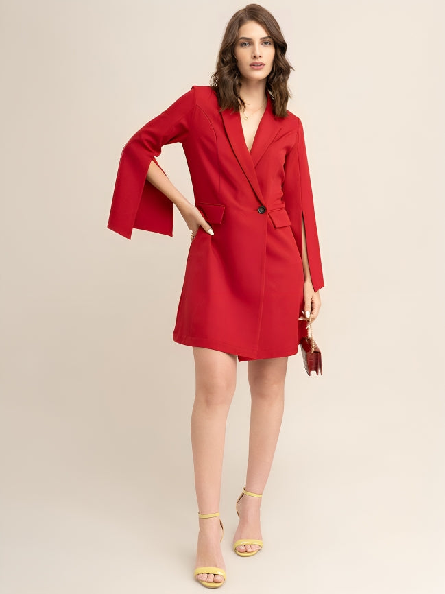 Single Button Jacket A-Line Dress - Red