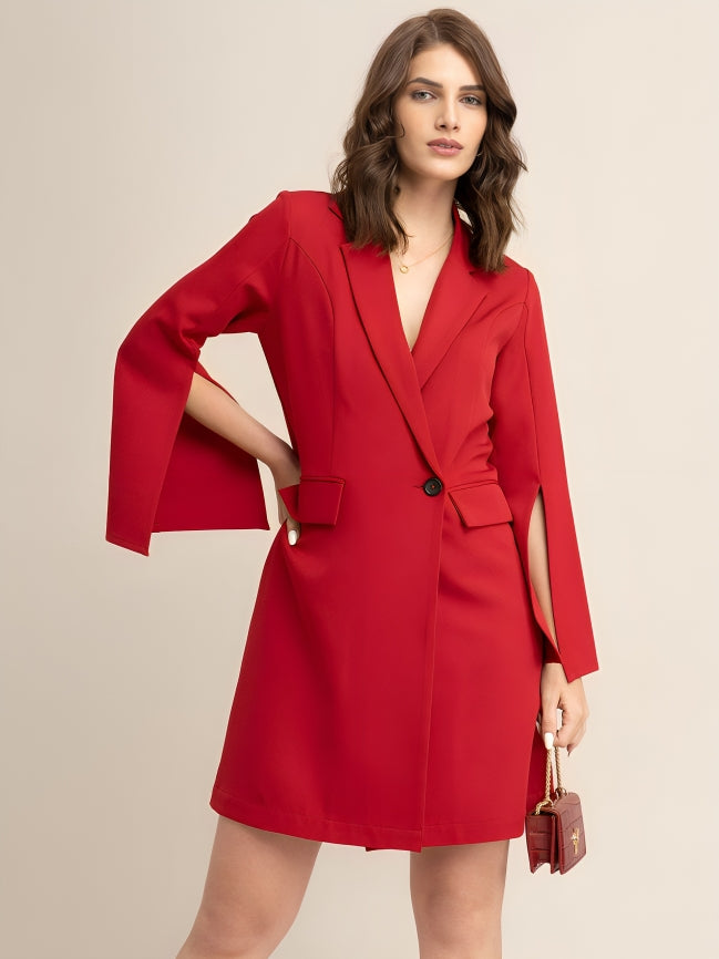 Single Button Jacket A-Line Dress - Red