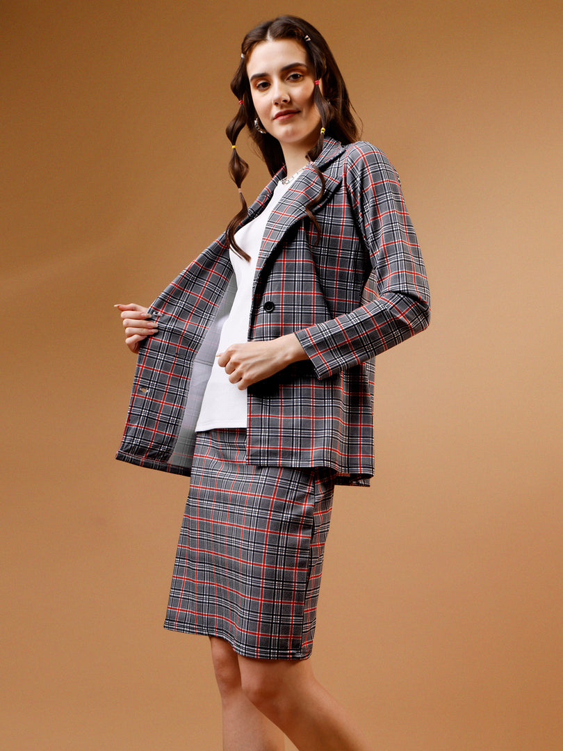Plaid Double Breasted Blazer & Skirt Co-ord Set