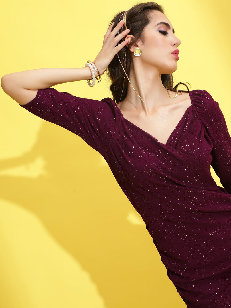 V-neck Glitter Sparkle Design Midi Dress